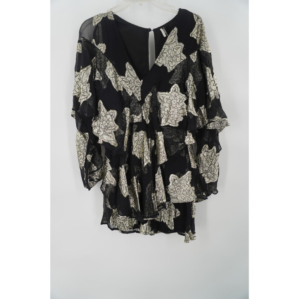 Topshop Boutique Black Gold Metallic Floral Ruffle Chiffon Mini Dress Sz US4 UK8